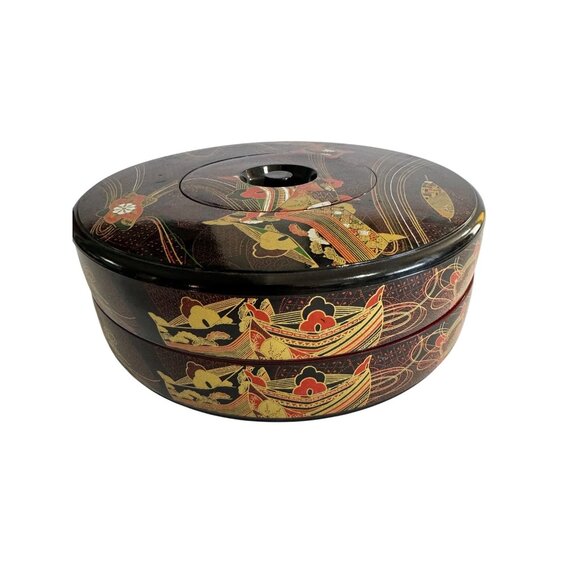 Japanese Lacquer Round Bento Box XL 5 Plates Sushi Treat Box - Picture 1 of 16